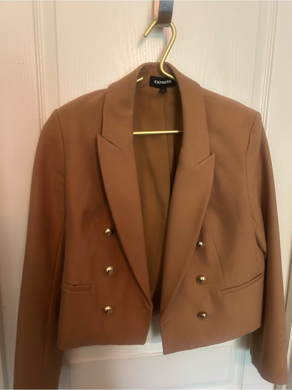Express Cropped Double-Breasted Blazer in Camel Brown